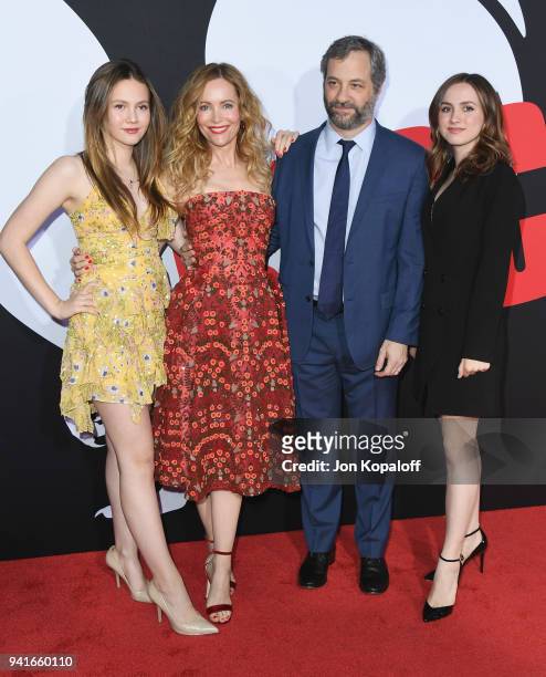 Iris Apatow, Leslie Mann, Judd Apatow, and Maude Apatow attend Universal Pictures' "Blockers" Premiere at Regency Village Theatre on April 3, 2018 in...