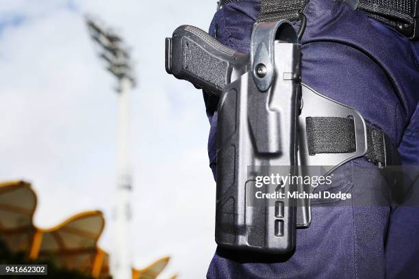 Police presence is seen at the Carrara Stadium ahead of the 2018 Commonwealth Games Opening Ceremony on April 4, 2018 in Gold Coast, Australia.