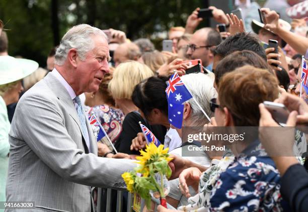 Prince Charles, Prince of Wales is greeted by members of the public during a visit to Brisbane on April 4, 2018 in Brisbane, Australia. The Prince of...