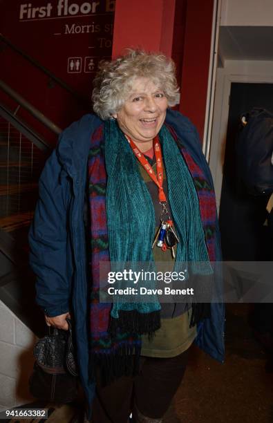 Miriam Margolyes attends the press night performance of "Pressure" at The Park Theatre on April 3, 2018 in London, England.