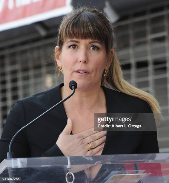 Director Patty Jenkins speaks at the ceremony honoring Lynda Carter with the 2,632nd star on the Hollywood Walk of Fame on April 3, 2018 in...