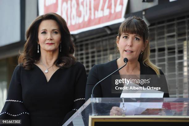 Lynda Carter and Patty Jenkins attend a ceremony honoring Lynda Carter with the 2,632nd star on the Hollywood Walk of Fame on April 3, 2018 in...