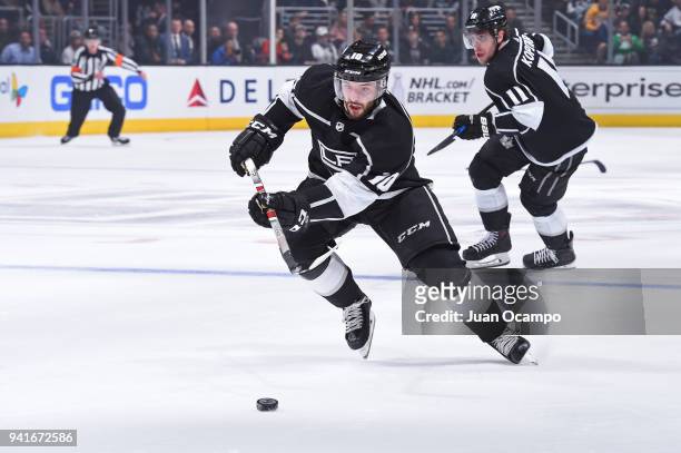 Tobias Rieder of the Los Angeles Kings skates after the puck during a game against the Colorado Avalanche at STAPLES Center on April 2, 2018 in Los...