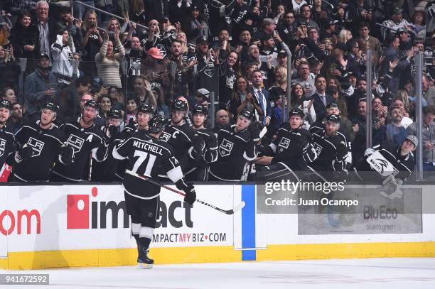 Torrey Mitchell of the Los Angeles Kings celebrates after scoring a goal against the Colorado Avalanche at STAPLES Center on April 2, 2018 in Los...