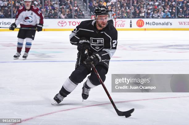 Alec Martinez of the Los Angeles Kings handles the puck during a game against the Colorado Avalanche at STAPLES Center on April 2, 2018 in Los...