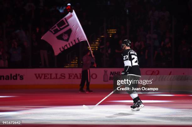 Alec Martinez of the Los Angeles Kings is recognized as a player of the game following a victory over the Colorado Avalanche at STAPLES Center on...