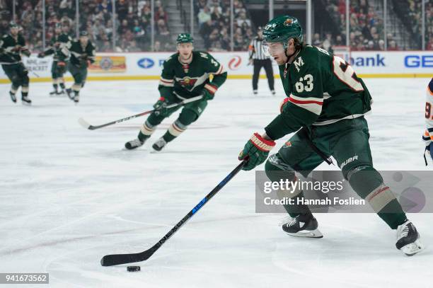 Tyler Ennis of the Minnesota Wild controls the puck against the Edmonton Oilers during the game on April 2, 2018 at Xcel Energy Center in St Paul,...