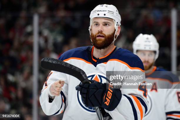 Zack Kassian of the Edmonton Oilers looks on before a face-off against the Minnesota Wild during the game on April 2, 2018 at Xcel Energy Center in...