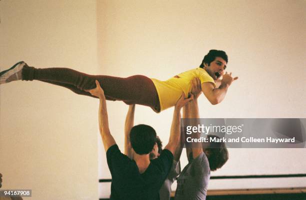 Singer and songwriter Freddie Mercury , of British rock group Queen, gets training from a ballet instructor, August 1979.