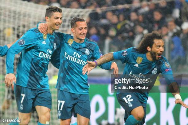 Marcelo celebrates after scoring the third goal for Real Madrid with Cristiano Ronaldo and Lucas Vzquez during the first leg of the quarter finals of...
