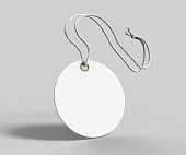 Blank tag tied with string. Price tag, gift tag, sale tag, address label isolated on grey background. 3d render illustration.