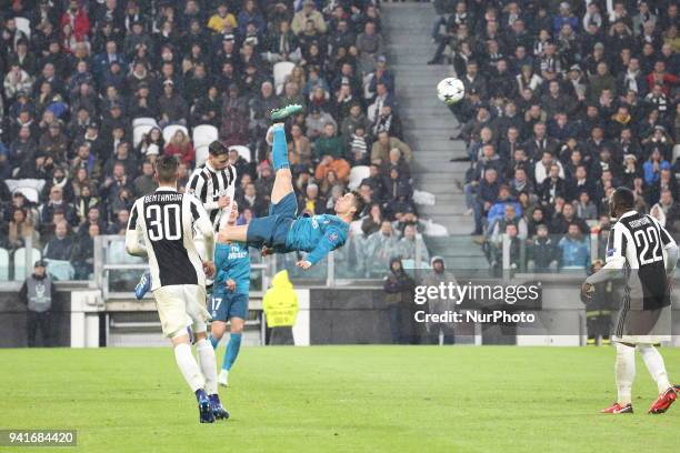 The second goal in reverse by Cristiano Ronaldo during the first leg of the quarter finals of the UEFA Champions League 2017/18 between Juventus FC...