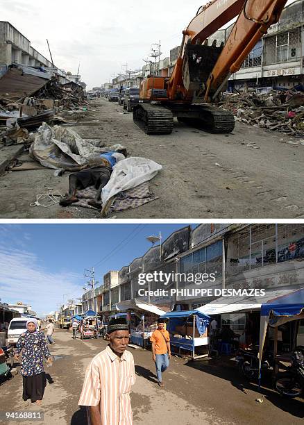 This comob photo shows picture dated 02 January 2005 and 01 December 2005 of a business district in Banda Aceh after tsunami and a year after the...