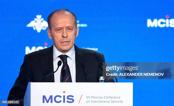 Alexander Bortnikov, director of the Federal Security Service delivers a speech during the opening ceremony of the VII Moscow Conference on...