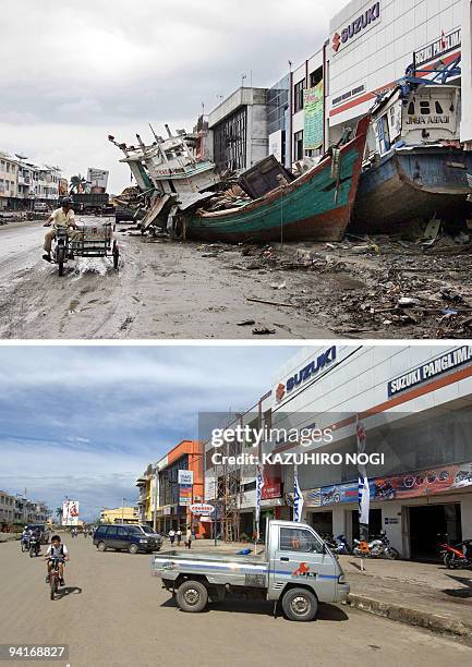 This combo photo shows picture dated 08 January 2005 and 01 December 2005 of a business district in Banda Aceh after tsunami and a year after the...