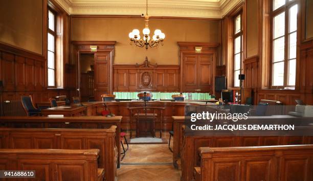 This picture taken on April 4, 2018 shows Pierre Masse hearing room of the 5th chamber of the the Court of Appeals ahead of the appeal trial of...