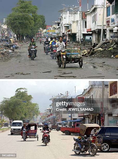 This combo shows pictures taken 08 January 2005 and 01 December 2005 of an area in Banda Aceh after tsunami and a year after the desaster. AFP...