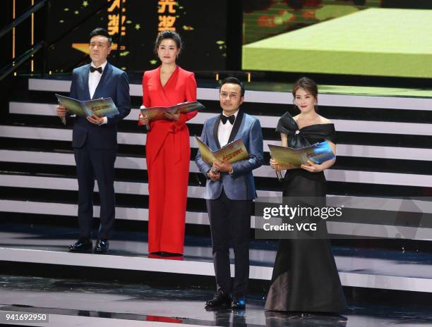 Host Wang Han and actress Tamia Liu Tao attend the 31th Flying Apsaras Awards Ceremony on April 3, 2018 in Ningbo, Zhejiang Province of China.