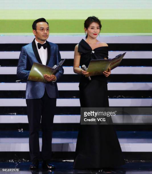 Host Wang Han and actress Tamia Liu Tao attend the 31th Flying Apsaras Awards Ceremony on April 3, 2018 in Ningbo, Zhejiang Province of China.