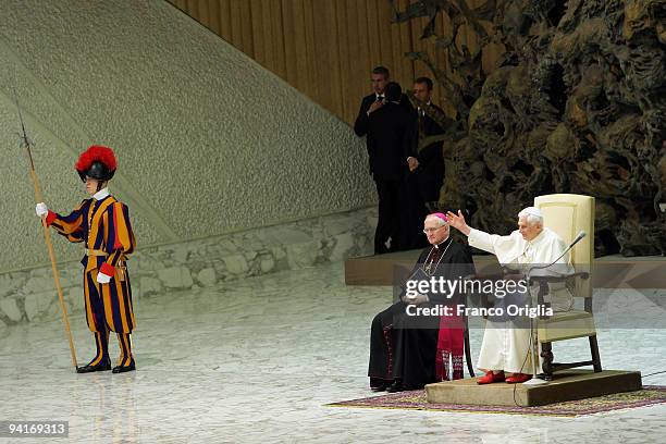 Pope Benedict XVI attends his weekly audience at the Paul Vi Hall on December 9, 2009 in Vatican City. This year the Pope will brake with tradition...