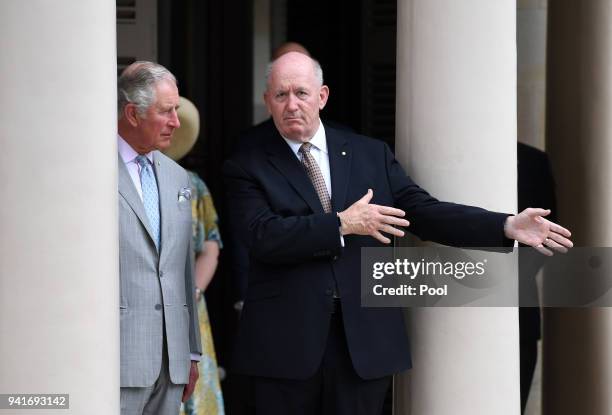 Prince Charles, Prince of Wales and Australia's Governor General Sir Peter Cosgrove during a welcome ceremony at Old Government House on April 4...