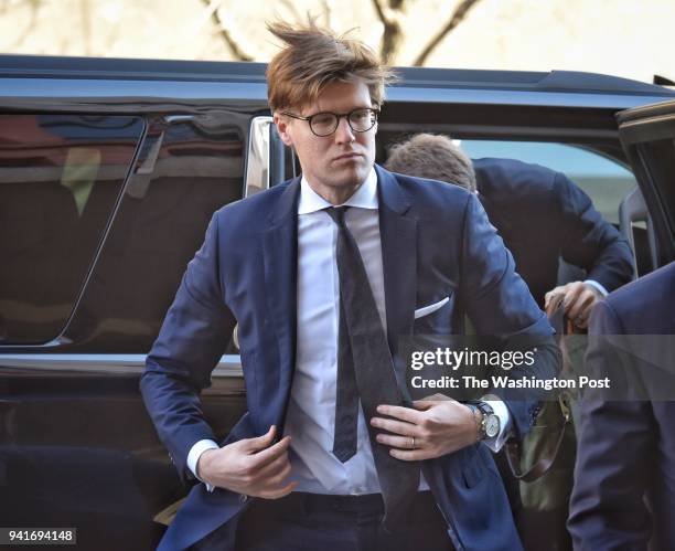 Attorney Alex Van der Zwaan, center, arrives at US District courthouse in Washington, DC February 20 facing an indictment from Robert Muellers'...