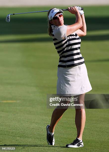 Johanna Mundy of England plays her second shot at the 16th hole during the first round of the Dubai Ladies Masters, on the Majilis Course at the...