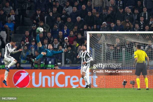 Cristiano Ronaldo of Real Madrid Cf scoring a bicycle kick goal during the UEFA Champions League quarter final first leg football match between...