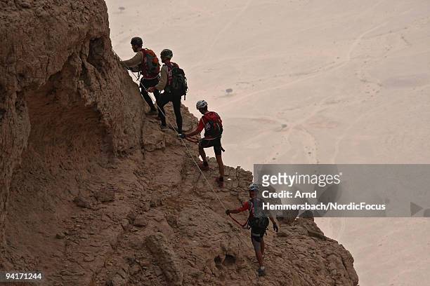 Team Herkules of Sweden at the upper part of the rope section in the Jebel Hafeet thousand meters above the desert on December 9, 2009 in Abu Dhabi,...
