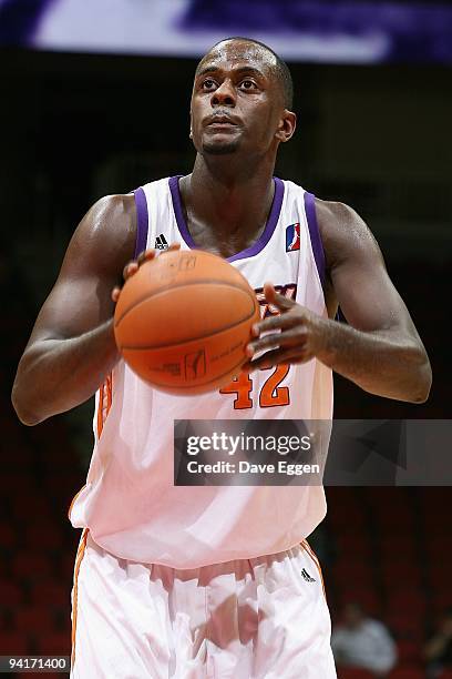 Earl Barron of the Iowa Energy shoots a free throw during the D-League game against the Fort Wayne Mad Ants on December 3, 2009 at Wells Fargo Arena...