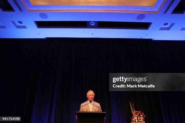 Prince Charles, Prince of Wales talks to guests at the Sheraton Grand Mirage on April 4, 2018 in Brisbane, Australia. The Prince of Wales and Duchess...