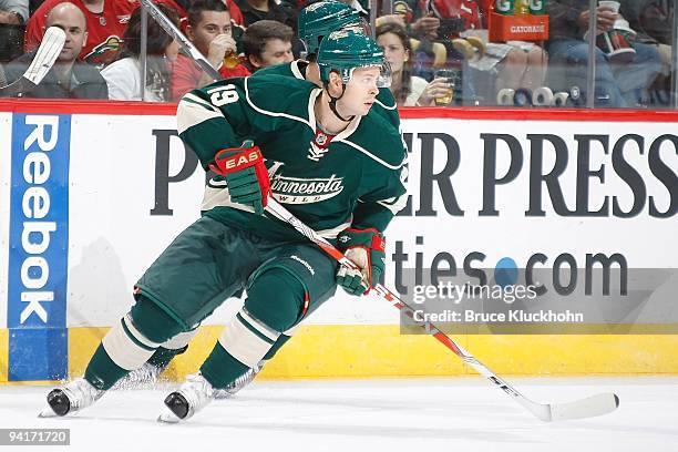 Andy Hilbert of the Minnesota Wild skates against the Carolina Hurricanes during the game at the Xcel Energy Center on October 24, 2009 in Saint...