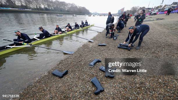 The Oxford University Women's Boat Club Blue crew take to the water prior to The Cancer Research UK Men?s Boat Race 2018 on March 24, 2018 in London,...