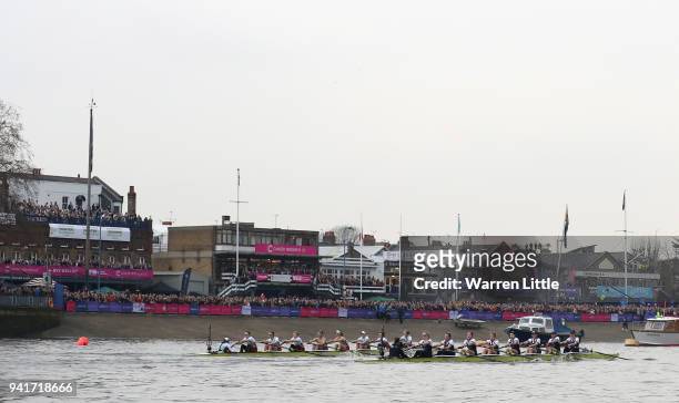 The Oxford and Cambridge University Women's Boat Club Blue crews prepare to race during The Cancer Research UK Men?s Boat Race 2018 on March 24, 2018...
