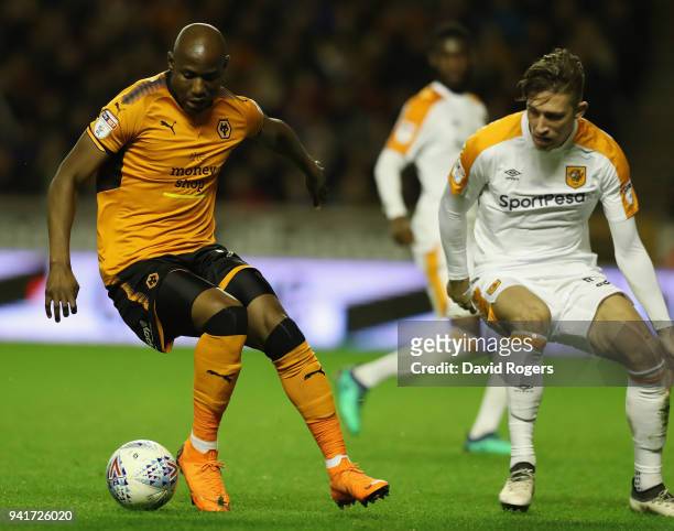 Benik Afobe of Wolverhampton Wanderers controls the ball during the Sky Bet Championship match between Wolverhampton Wanderers and Hull City at...