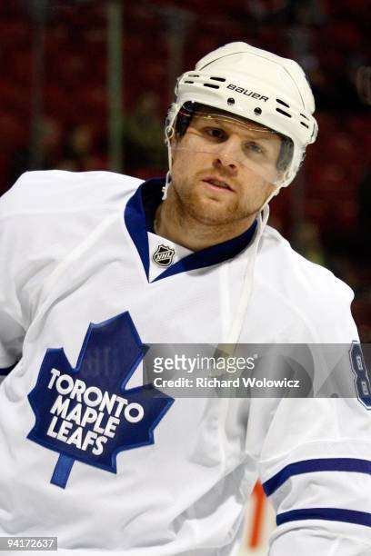Phil Kessel of the Toronto Maple Leafs skates during the warm up period prior to facing the Montreal Canadiens in the NHL game on December 1, 2009 at...