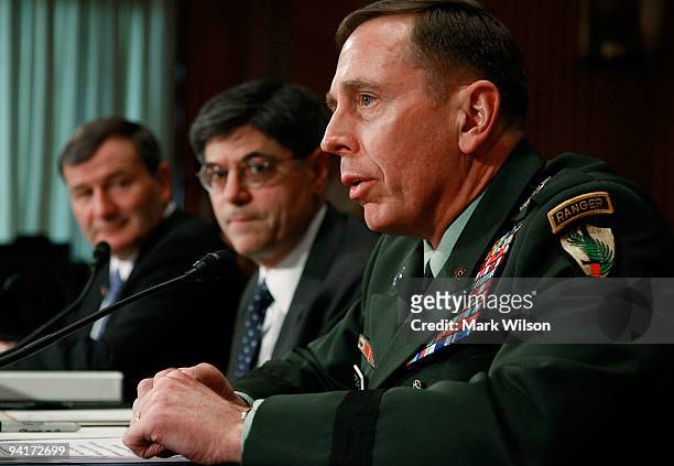 Army Gen. David Petraeus, CENTCOM Commander , testifies while flanked by Karl Eikenberry , U.S. Ambassador to Afghanistan and Jacob Lew , Deputy...