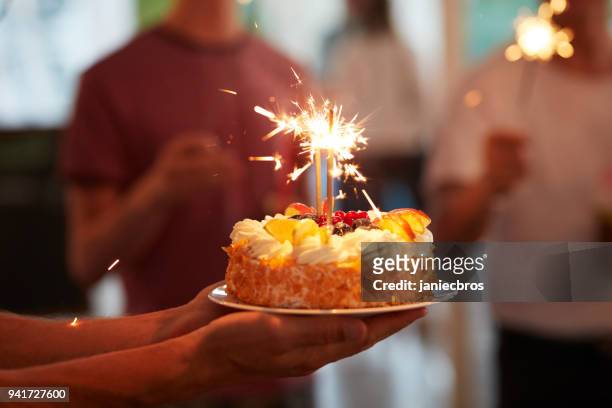 celebrating birthday. summer garden party - birthday cake stock pictures, royalty-free photos & images