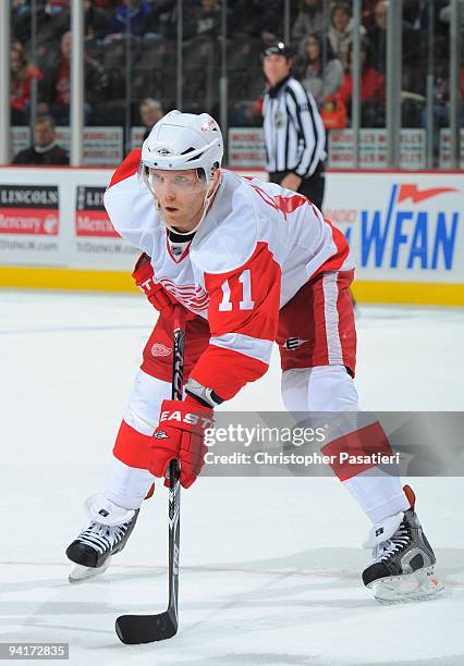 Daniel Cleary of the Detroit Red Wings prepares for a face off during the third period against the New Jersey Devils on December 5, 2009 at the...