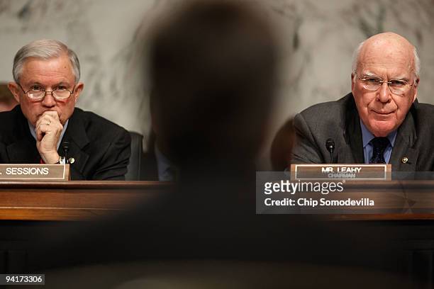 Senate Judiciary Committee Chairman Patrick Leahy and committee ranking member Sen. Jeff Sessions listen to Homeland Security Secretary Janet...