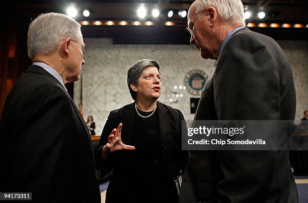 Homeland Security Secretary Janet Napolitano talks with Senate Judiciary Committee Chairman Patrick Leahy and committee ranking member Sen. Jeff...