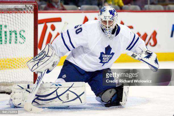 Jonas Gustavsson of the Toronto Maple Leafs warms up prior to facing the Montreal Canadiens in the NHL game on December 1, 2009 at the Bell Centre in...