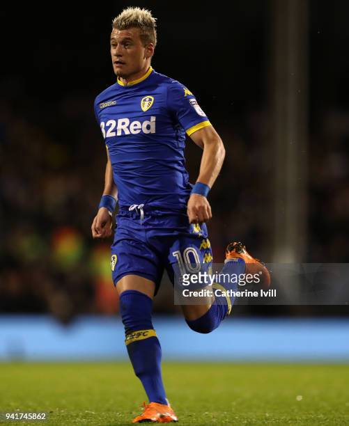 Ezgjan Alioski of Leeds United during the Sky Bet Championship match between Fulham and Leeds United at Craven Cottage on April 3, 2018 in London,...