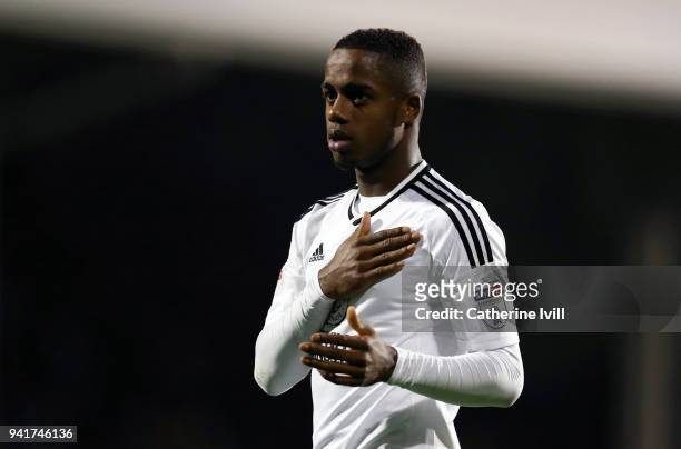 Ryan Sessegnon of Fulham pats the badge on his shirt after the Sky Bet Championship match between Fulham and Leeds United at Craven Cottage on April...