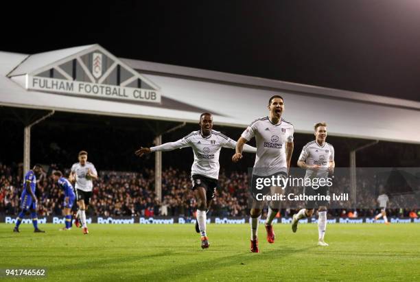 Aleksandar Mitrovic of Fulham celebrates after scoring his sides second goal during the Sky Bet Championship match between Fulham and Leeds United at...