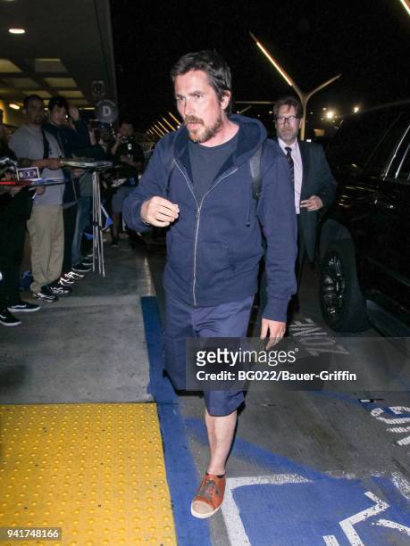 Christian Bale is seen at Los Angeles International Airport on April 03, 2018 in Los Angeles, California.