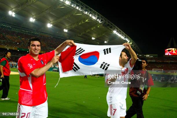 Hakan Unsal and Okan Buruk of Turkey celebrate his victory during the third place of World Cup match between South Korea and Turkey on 29th June 2002...