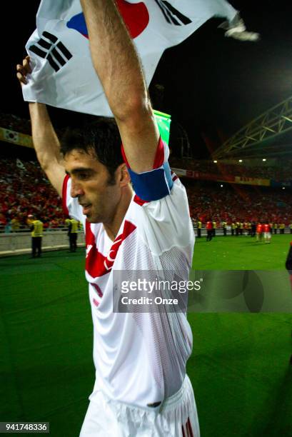 Hakan Sukur of Turkey celebrate his victory during the third place of World Cup match between South Korea and Turkey on 29th June 2002 at Daegu World...