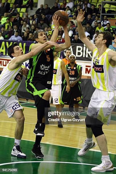Mindaugas Lukauskis, #5 of Asvel Basket Lyon Villeurbane, Emir Preldzic, #55 of Fenerbahce Ulker Istanbul and Omer Asik, #24 of Fenerbahce Ulker...