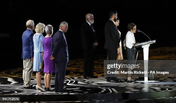 The Prince of Wales onstage as Yugambeh elder Patrica OâConnor speaks during the Opening Ceremony for the 2018 Commonwealth Games at the Carrara...